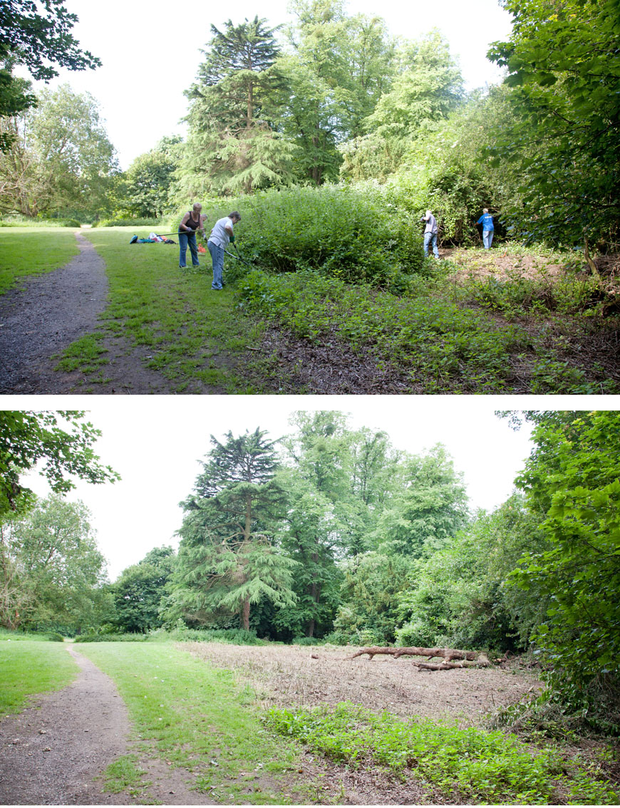 KWAG volunteers get to work at the start of the event. A before and after view looking from the main avenue back into the Circle and towards the avenue to Penpol